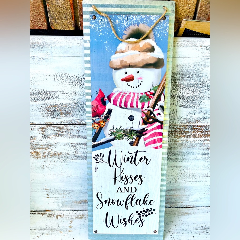 *Christmas Snowman Metal Sign Winter Kisses and Snowflake Wishes